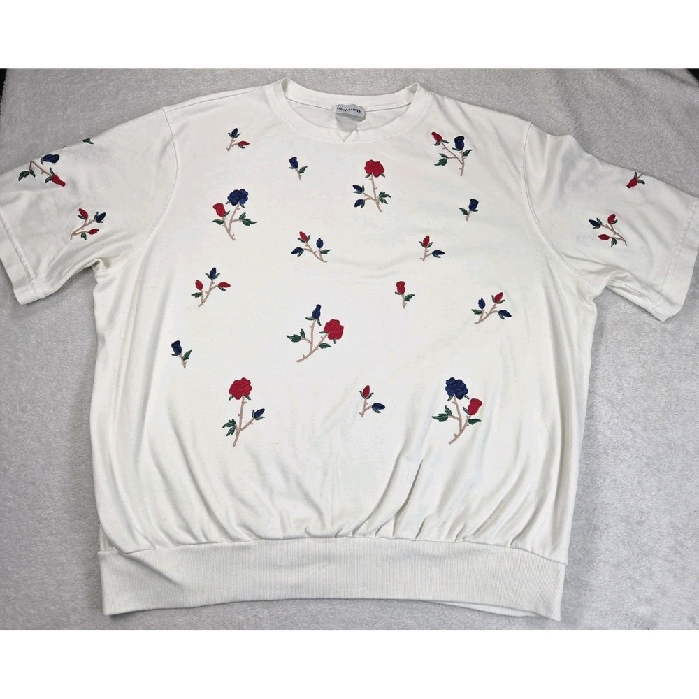 BonWorth Womens Embroidered Floral Sweatshirt Cottagecore White Pullover Casual